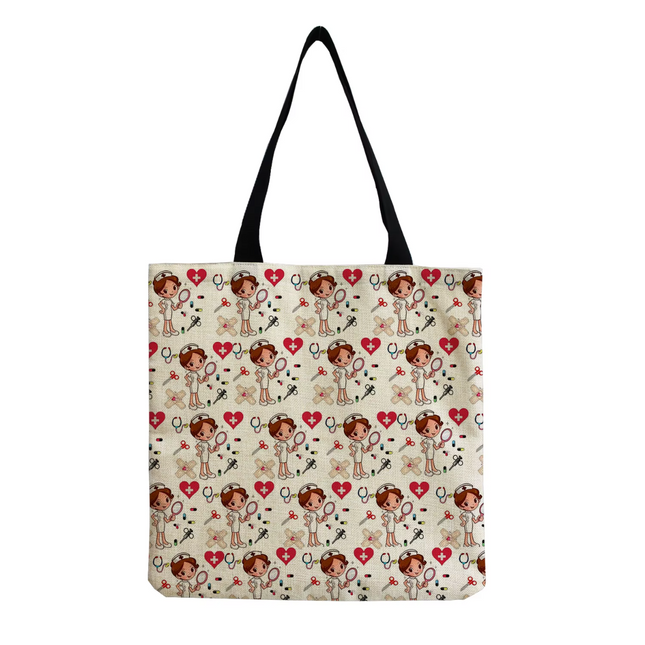 Women Cartoon Nurse Heart Reusable Travel Tote Bags