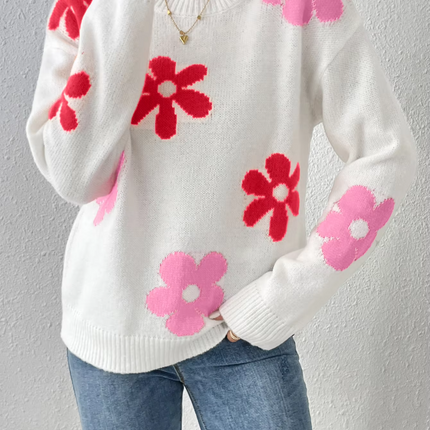 Women Crew Neck Floral Crop Sweater - Mad Fly Essentials