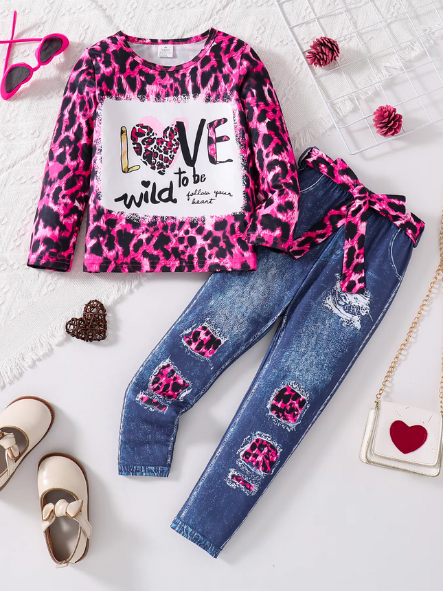 Girl Fashion Pink Leopard Slim Pant Set - Mad Fly Essentials