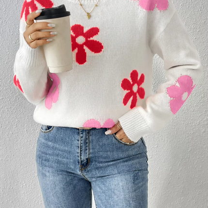 Women Crew Neck Floral Crop Sweater - Mad Fly Essentials