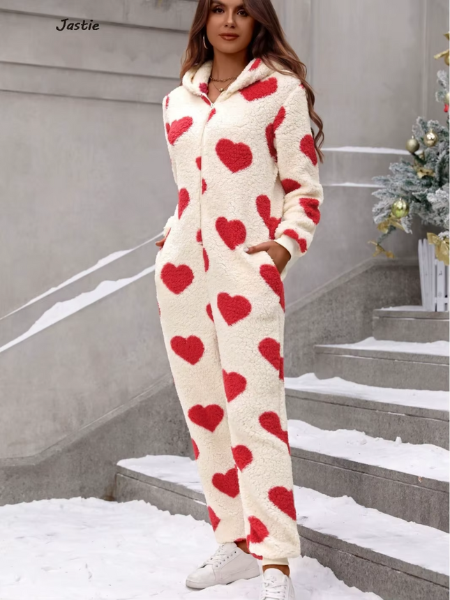 Women Plush Love Heart Valentine Sleepwear Jumpsuit