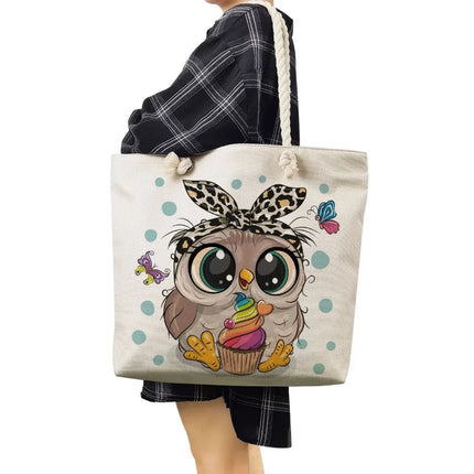 Women Cartoon Owl Animal Handbags Linen Beach Bags