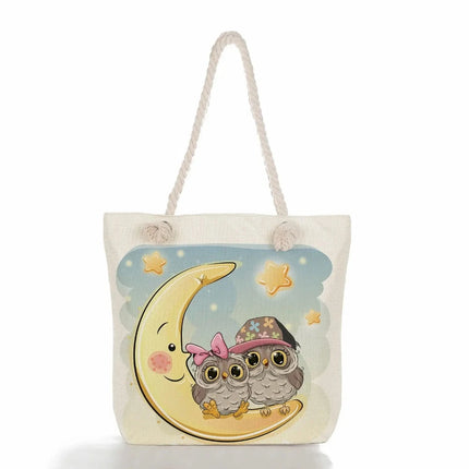 Women Cartoon Owl Animal Handbags Linen Beach Bags