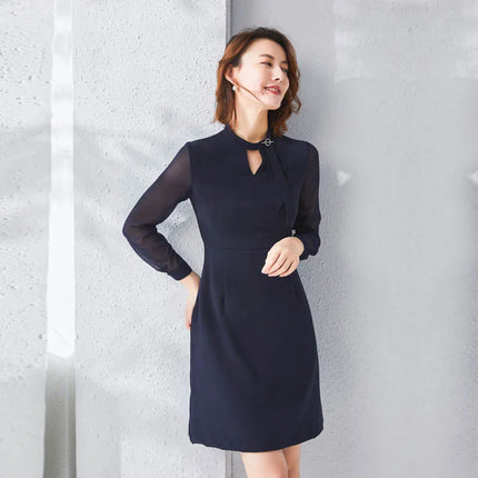 Women Fashion Office Navy Blue Midi Dress