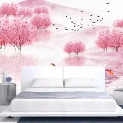 Custom 3D Retro Pink Cherry Tree Mural Wallpaper