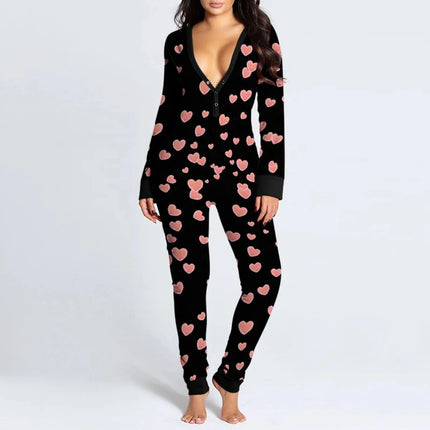 Women Vintage Hearts Lips Pajama Jumpsuit Rompers