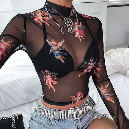 Women Vintage Turtleneck Cupid Angel Crop Top