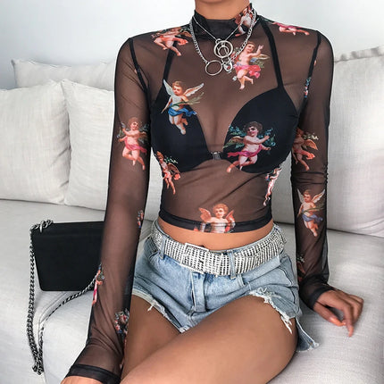 Women Vintage Turtleneck Cupid Angel Crop Top