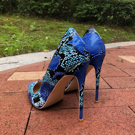 Women Blue Python Snakeskin Pointed Toe High Heels