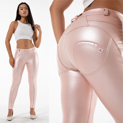 Women Pink Leather High-Waist Leather Metallic Leggings