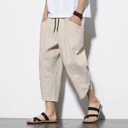 Men Khaki Black Asian Linen Pants