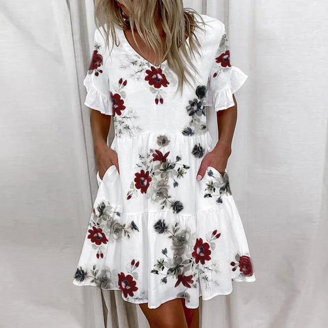 Women V-Neck Floral Ruffle Summer Mini Dress