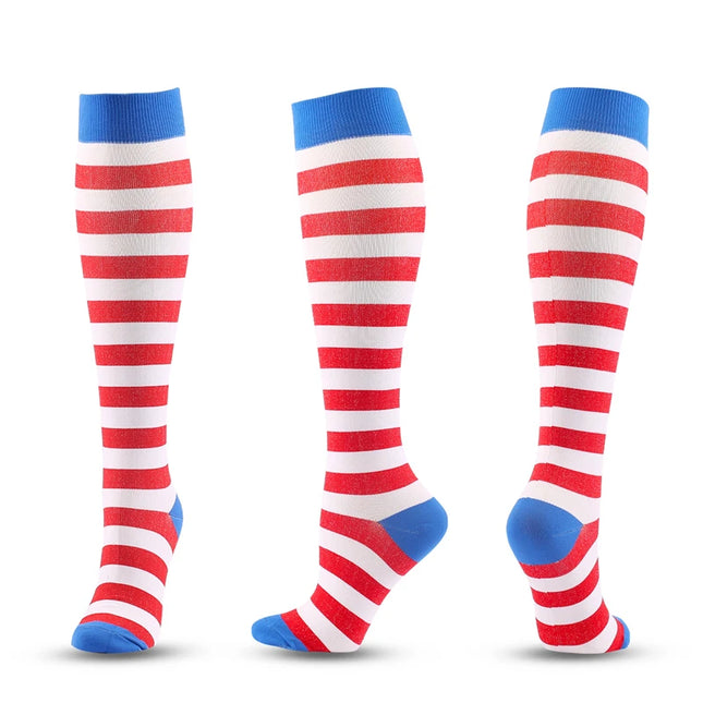 Women Striped Red White Blue Compression Socks.