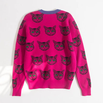 Women Winter Designer Cat Print Sweater