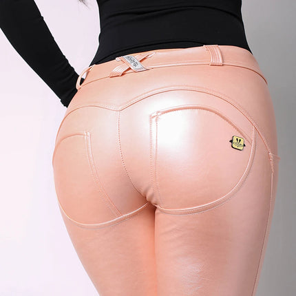 Women Pink Leather High-Waist Leather Metallic Leggings