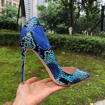 Women Blue Python Snakeskin Pointed Toe High Heels