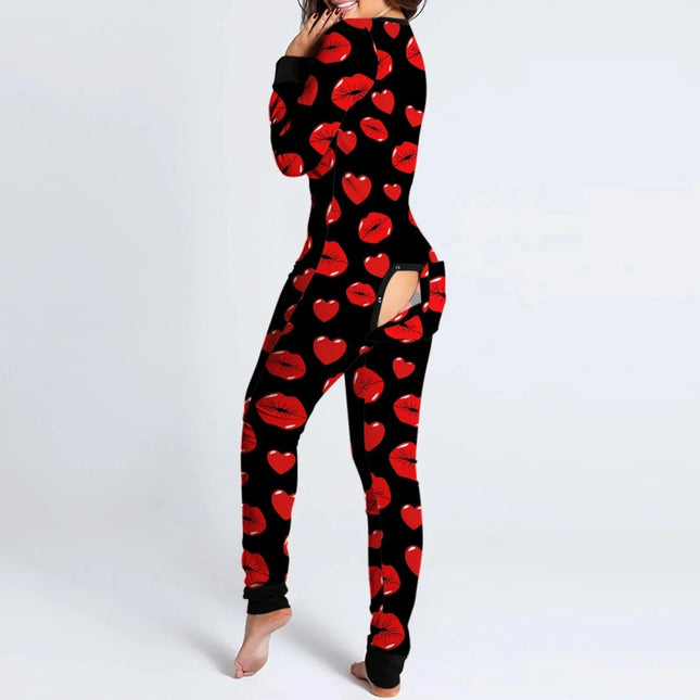 Women Vintage Hearts Lips Pajama Jumpsuit Rompers