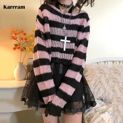 Women Pink Purple Striped Gothic Sweaters