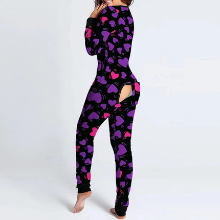 Women Vintage Hearts Lips Pajama Jumpsuit Rompers