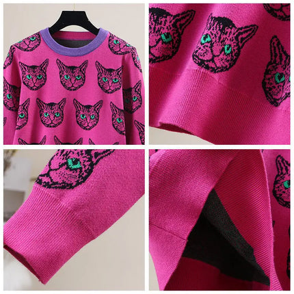 Women Winter Designer Cat Print Sweater