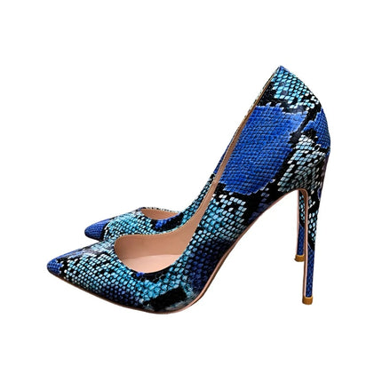 Women Blue Python Snakeskin Pointed Toe High Heels