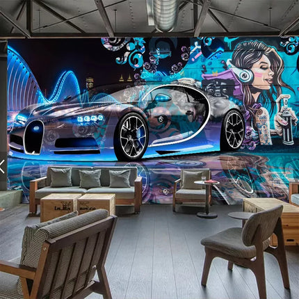 Custom 3D Street Graffiti Sports Car Mural Wallpaper