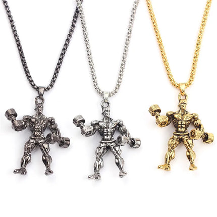 Men 3D Funny Weightlifting Dumbell Pendant Necklace
