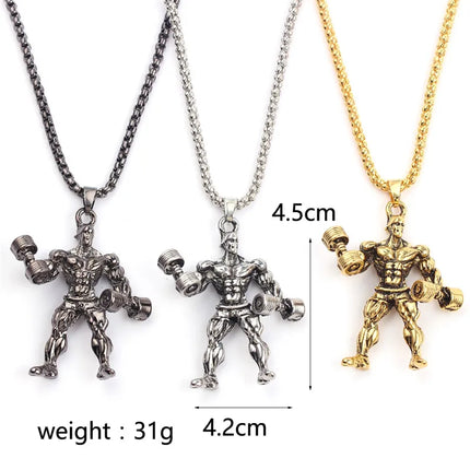Men 3D Funny Weightlifting Dumbell Pendant Necklace