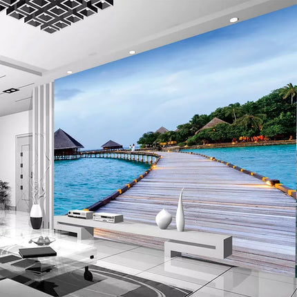 Custom 3D Beach Walkway Ocean Living Mural Wallpaper