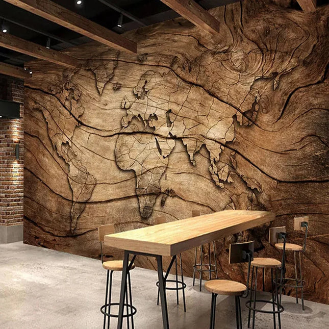 Custom 3D Wood Grain World Map Mural Wallpaper.