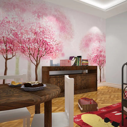 Custom 3D Retro Pink Cherry Tree Mural Wallpaper