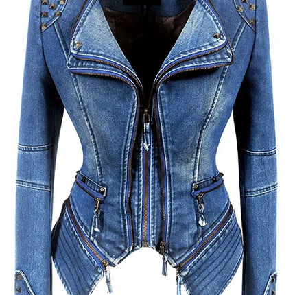 Women Vintage Denim Slim Fit Motorcycle Windbreaker Jacket