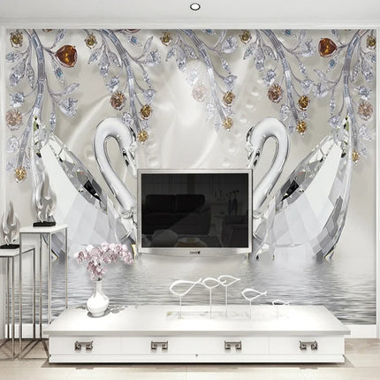 Custom 3D Crystal Diamond Swan Lake Mural Wallpaper