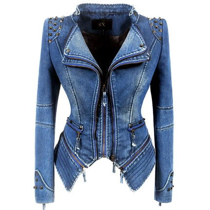 Women Vintage Denim Slim Fit Motorcycle Windbreaker Jacket