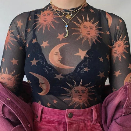 Women Sun Moon Printed Transparent Crop Top