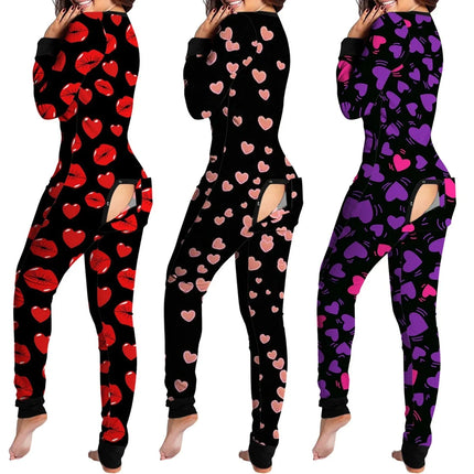 Women Vintage Hearts Lips Pajama Jumpsuit Rompers