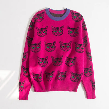 Women Winter Designer Cat Print Sweater