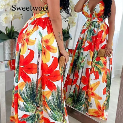 Women Floral Fashion Backless Maxi Dress