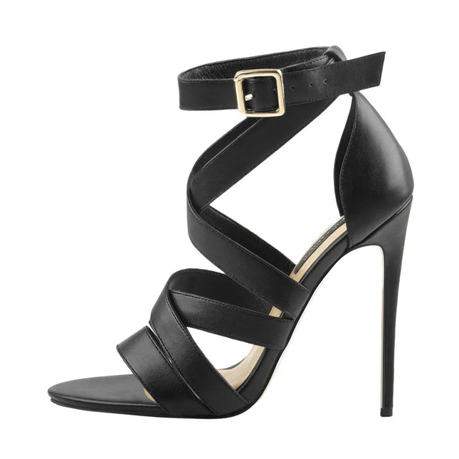 Women Patchwork Cross Strap Black Stiletto Peep Toe Sandals