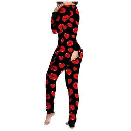 Women Vintage Hearts Lips Pajama Jumpsuit Rompers