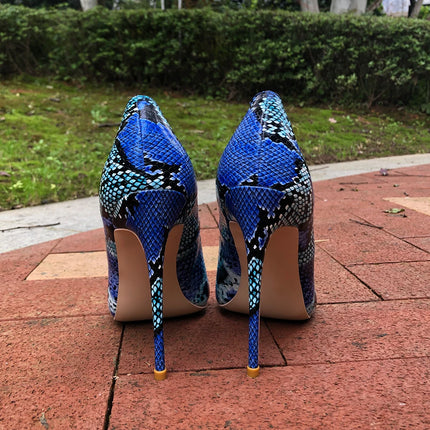 Women Blue Python Snakeskin Pointed Toe High Heels