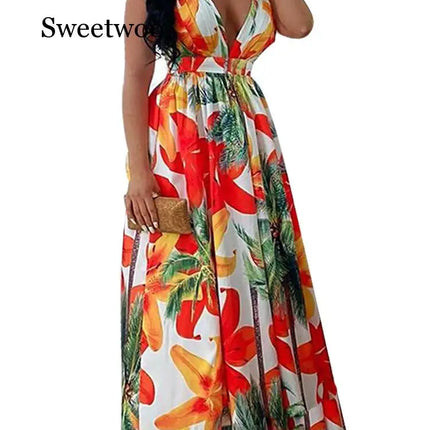 Women Floral Fashion Backless Maxi Dress