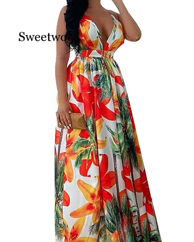 Women Floral Fashion Backless Maxi Dress