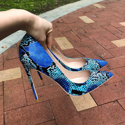 Women Blue Python Snakeskin Pointed Toe High Heels