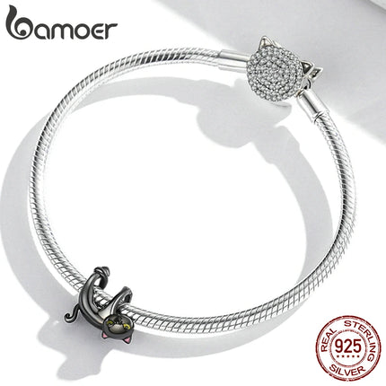 Women 925 Sterling Silver Cartoon Cat Charm Bracelet