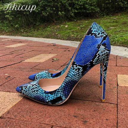 Women Blue Python Snakeskin Pointed Toe High Heels