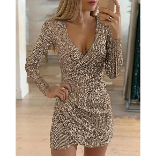 Women Sexy Glitter Rhinestone V Club Mini Dress