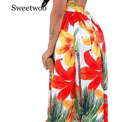 Women Floral Fashion Backless Maxi Dress