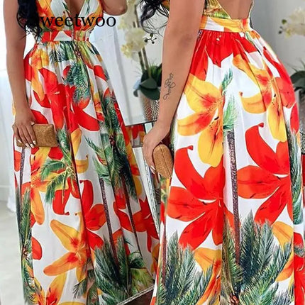 Women Floral Fashion Backless Maxi Dress