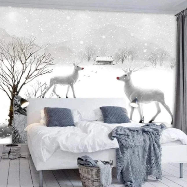 Custom 3D Nordic style black white snow scene elk Wallpaper